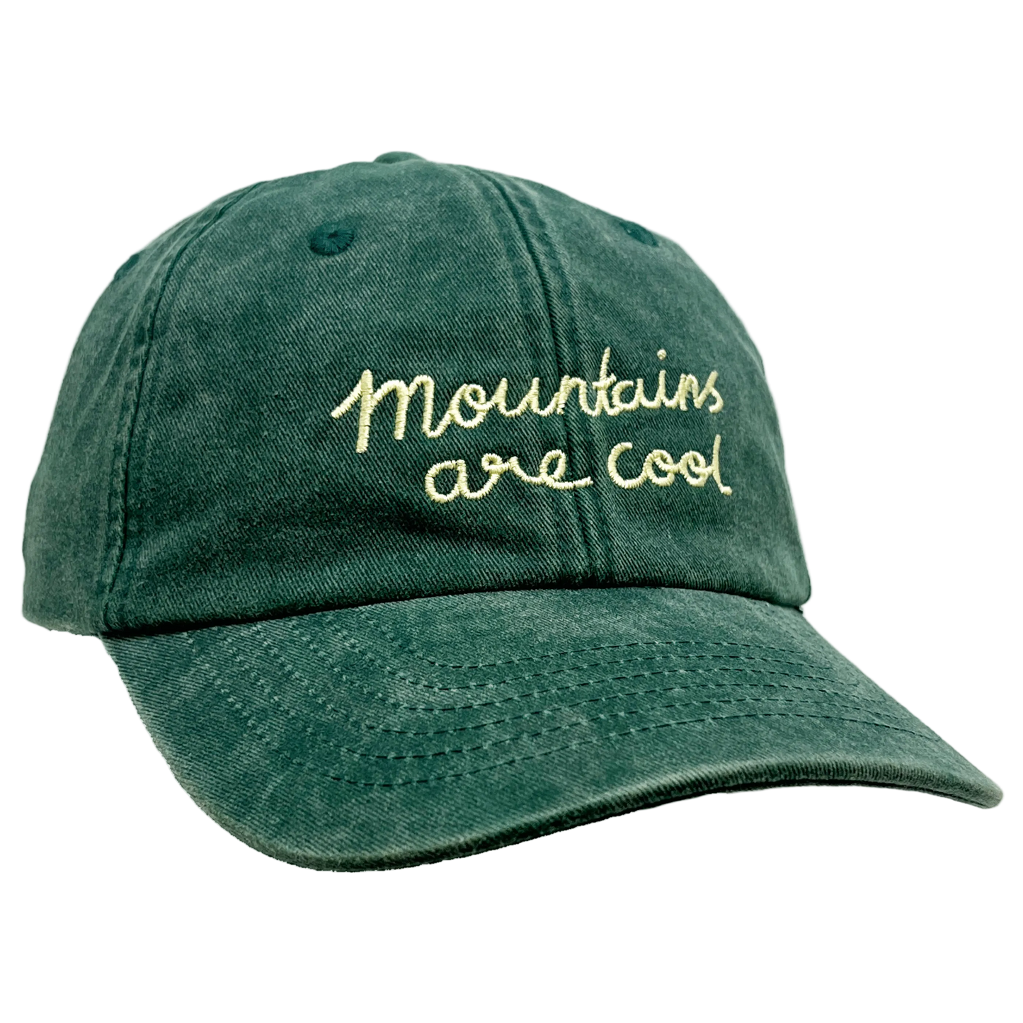 Green cap with 'Mountains are Cool' embroidered text on a transparent background